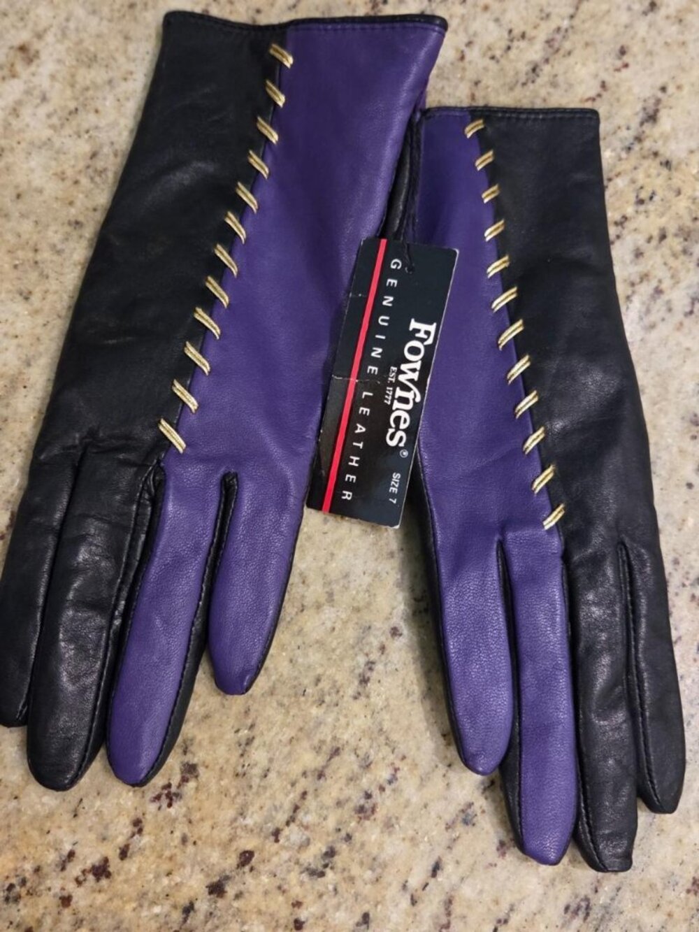 New! Vintage Women's Size M 7 Purple Black Gold Leather Lined Gloves Colorblock.
